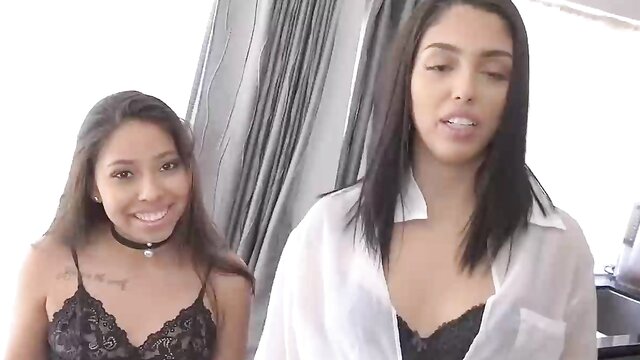 Big ass and big tits sisters give a blowjob to their stepdad